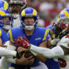 Los Angeles Rams quarterback Matthew Stafford (9) is sacked by Tampa Bay Buccaneers linebacker Devin White (45) during the first half of an NFL football game between the Los Angeles Rams and Tampa Bay Buccaneers, Sunday, Nov. 6, 2022, in Tampa, Fla. (AP Photo/Chris O'Meara)